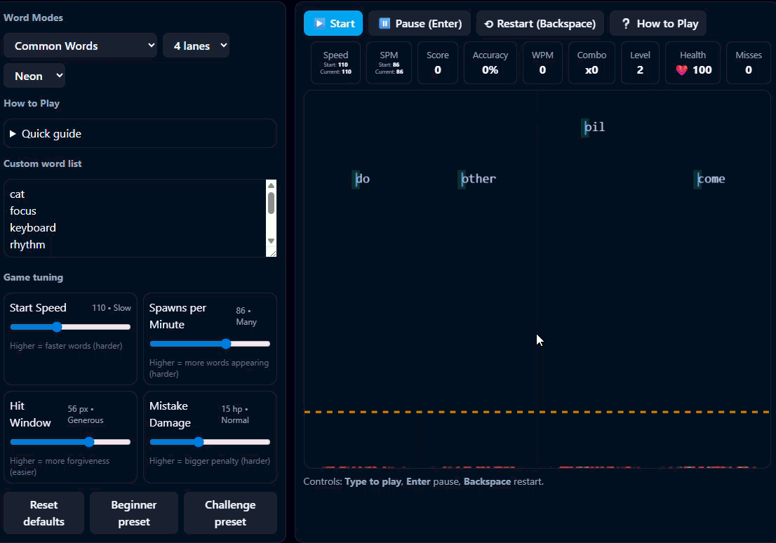 Typing rhythm game screenshot showing falling words and timing line
