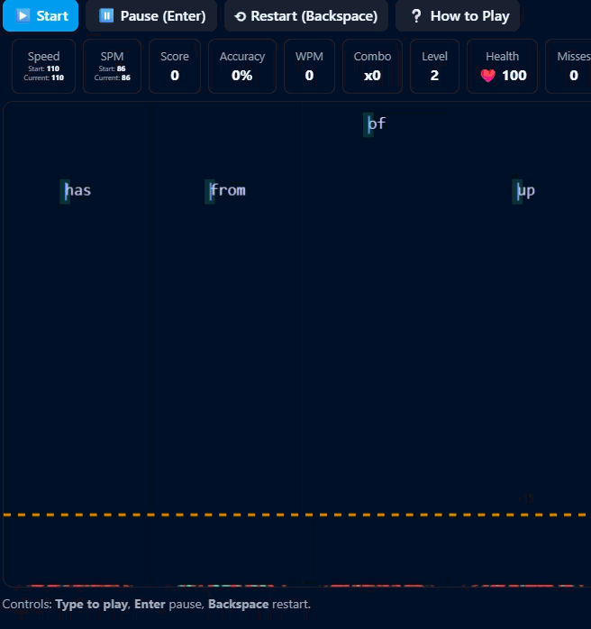 Rhythm typing game preview playing in the browser